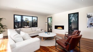 Una Smart TV, una chimenea, libros, un reproductor estéreo