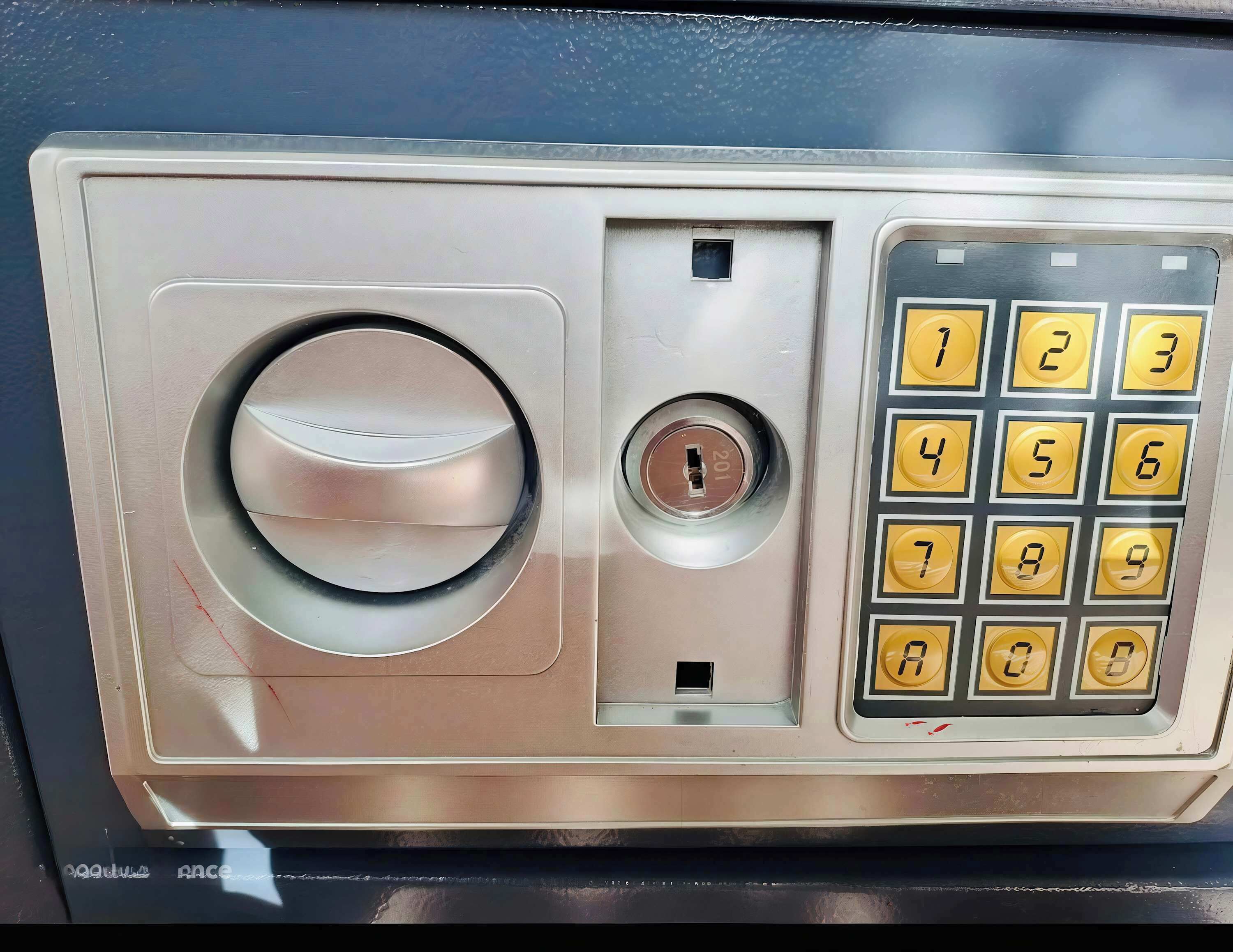 A keypad lock with a keyhole and a numeric keypad.