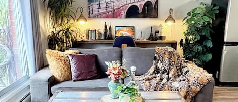 City Condo, Kitchen, Courtyard View | Living area | 55-inch Smart TV with cable channels, fireplace, tablet