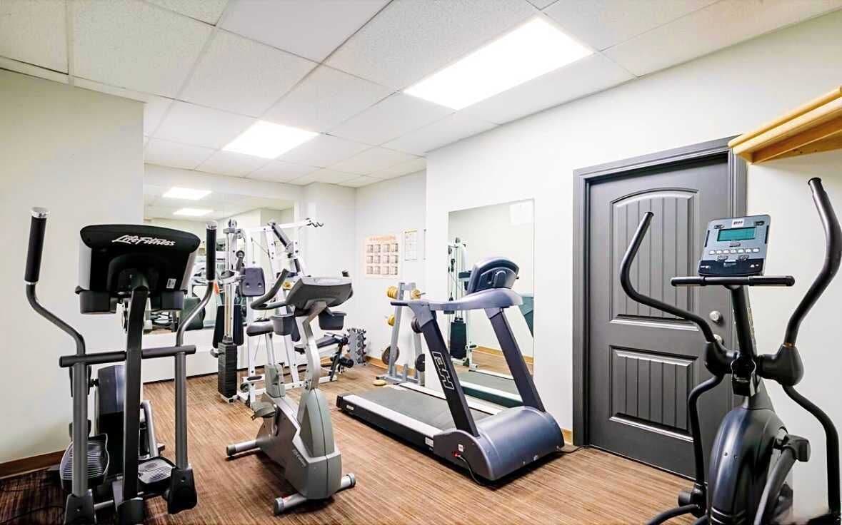 Une salle de sport équipée de divers appareils de cardio, d’un tapis de course et d’un vélo d’appartement.