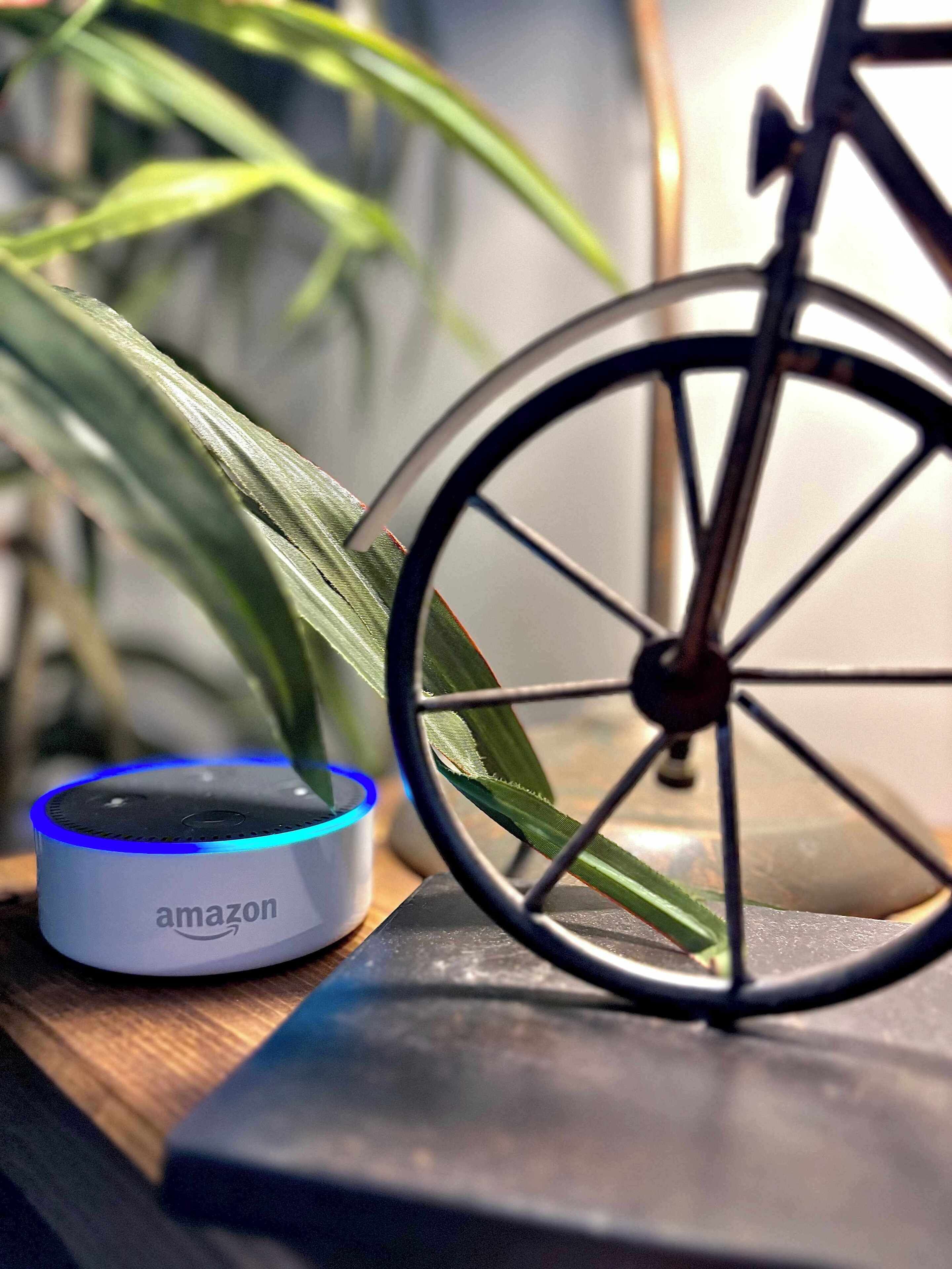 Een klein Amazon Echo-apparaat op een houten oppervlak, met een fietswiel op de achtergrond.