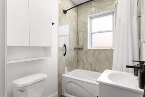 Shower, hair dryer, shampoo