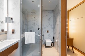 A modern bathroom with a glass shower enclosure, a white toilet, and a wooden vanity with a mirror.