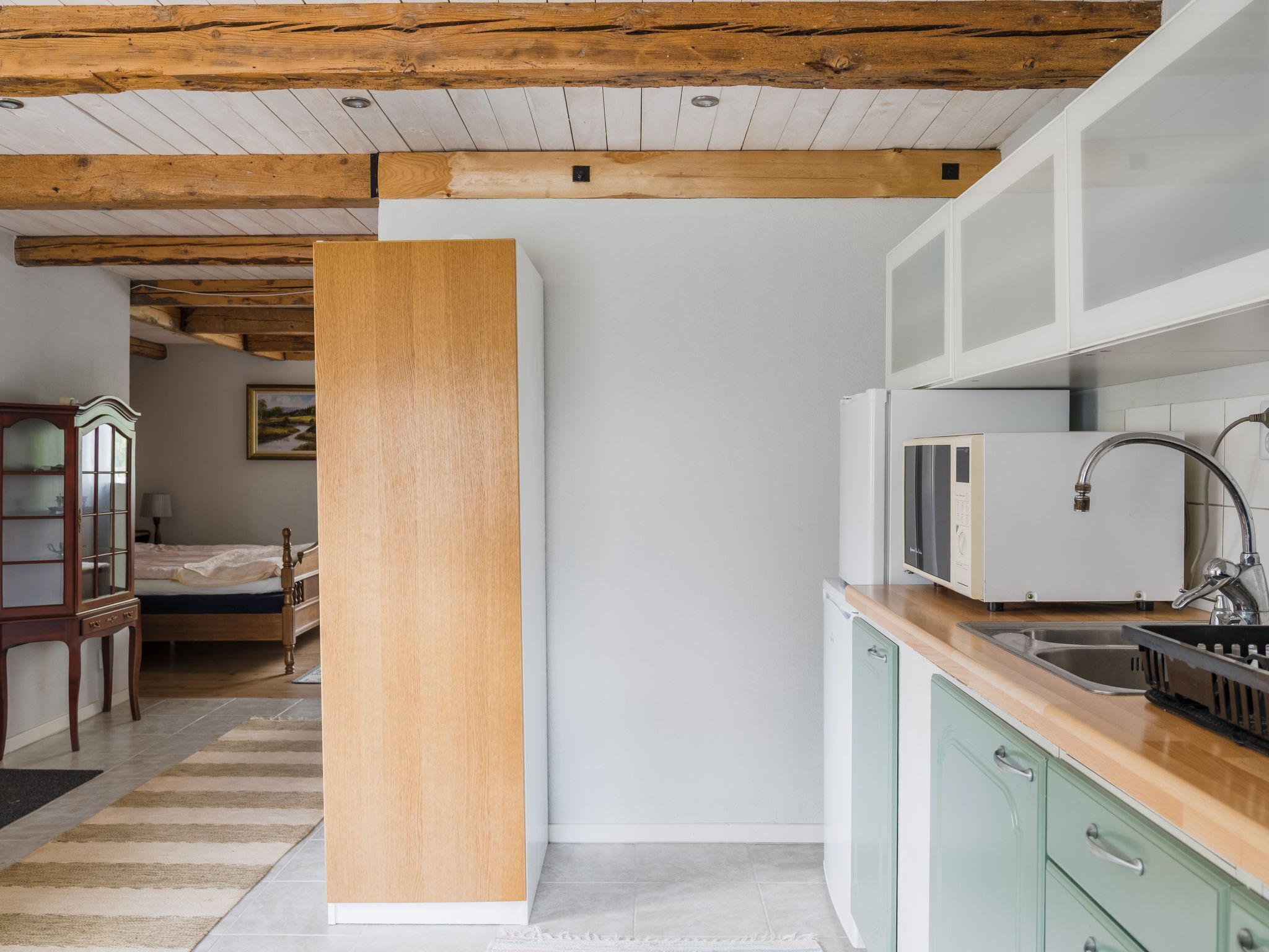 Fridge, microwave, cookware/dishes/utensils