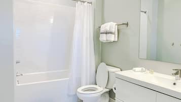 Hair dryer, towels, soap, shampoo