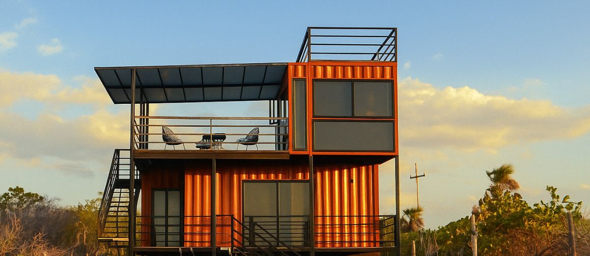 Un edificio moderno con una terraza en la azotea, una escalera y un balcón con mobiliario.
