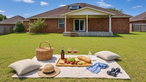 A backyard picnic setup with a table, picnic basket, food, drinks, and dumbbells on a blanket.