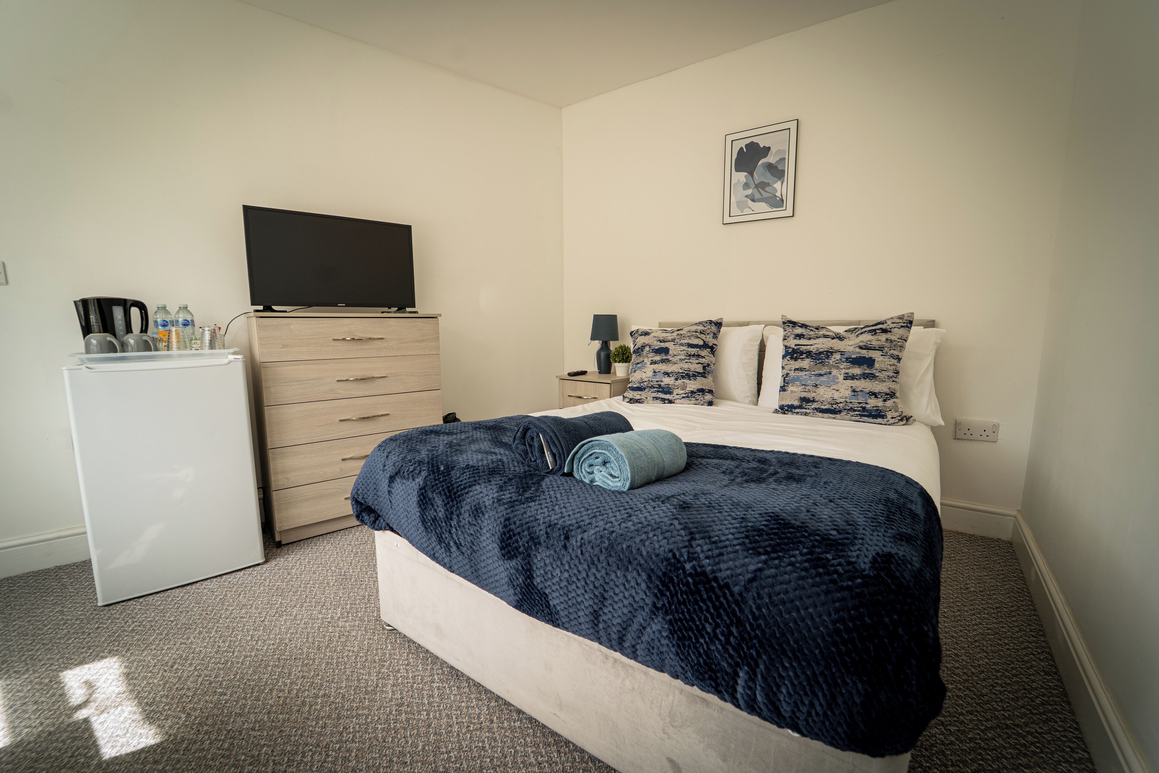 A bedroom with a bed, a dresser, a television, and a small table with a lamp and a plant.