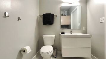 Hair dryer, towels, soap, shampoo