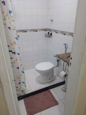 Secador de cabelo, toalhas de banho, sabonete, shampoo