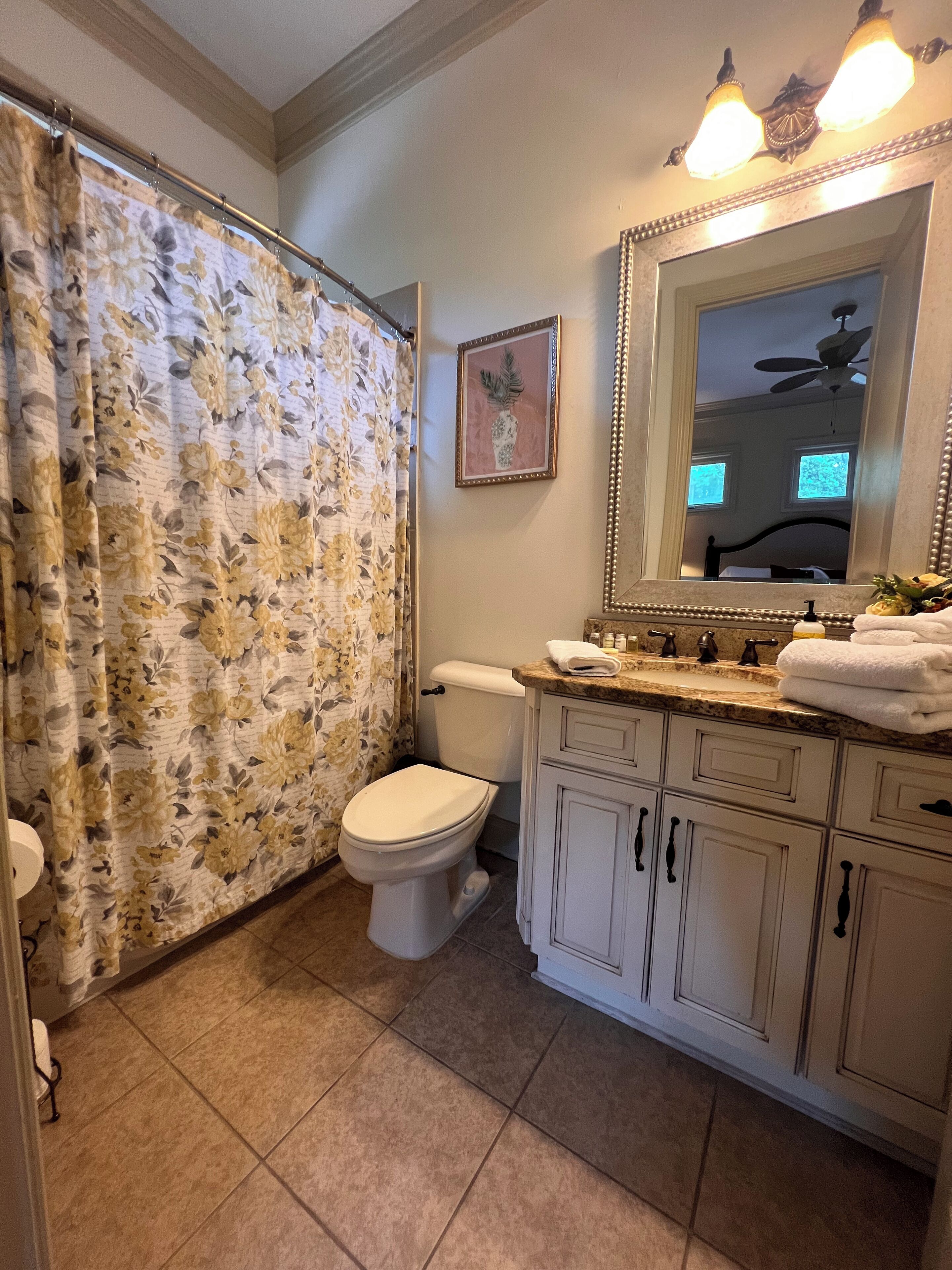 A bathroom with a toilet, a shower curtain, a sink with a mirror, and a framed picture on the wall.