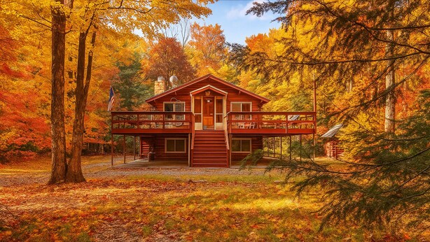 A log cabin with a two-story deck, surrounded by autumn foliage.