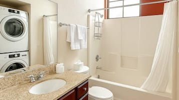 Hair dryer, towels, soap, shampoo