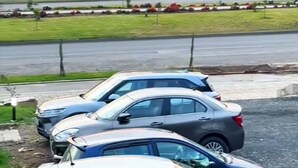Un parking avec plusieurs voitures, une zone herbeuse et des bâtiments en arrière-plan.