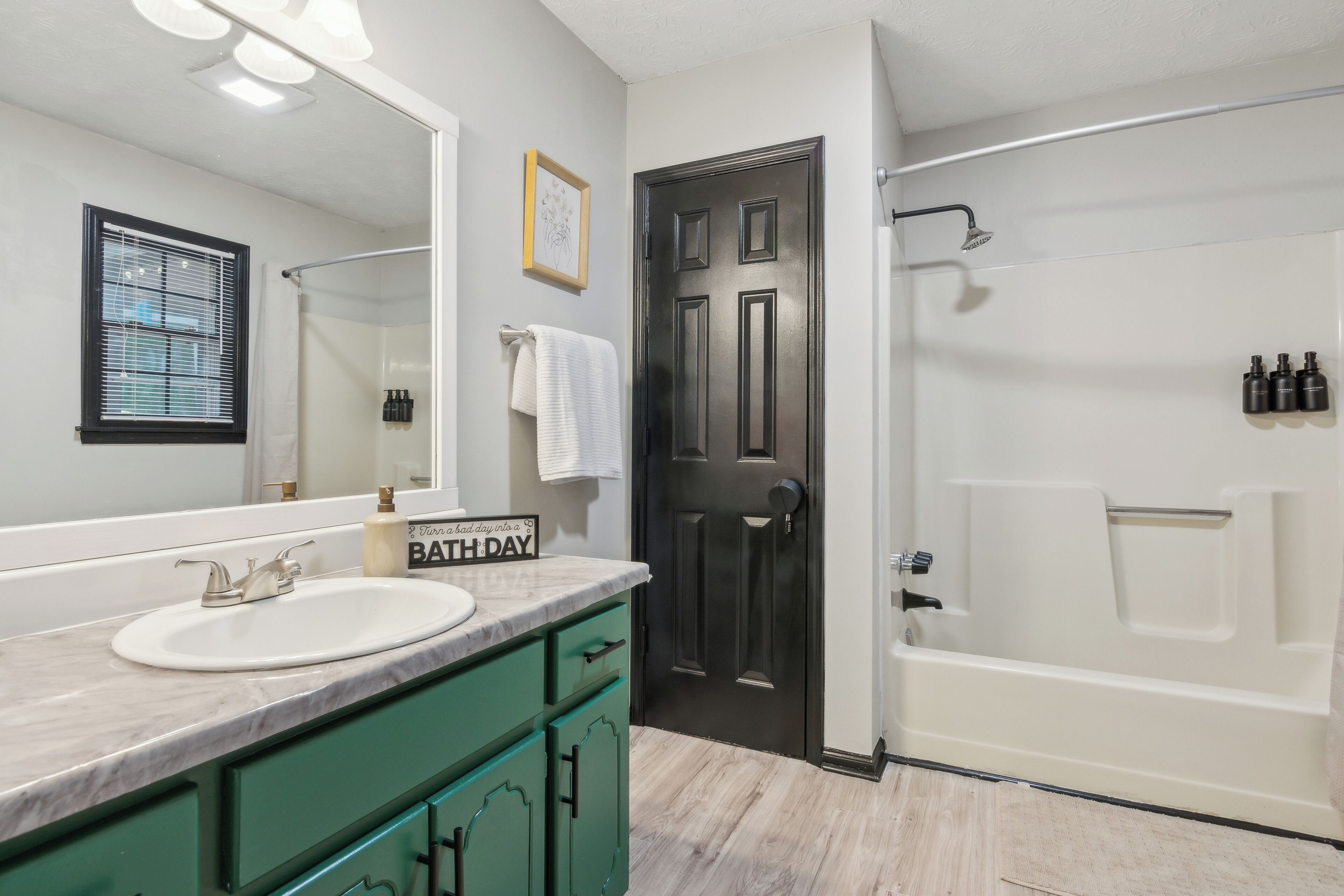 Hair dryer, towels, soap, toilet paper
