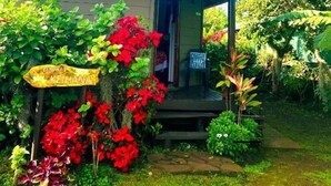 A small house with a green roof and a porch, surrounded by lush greenery and red flowers. - Keihana Rapanui (Hanga Roa)