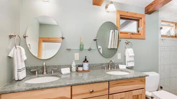 Hair dryer, bidet, towels, soap