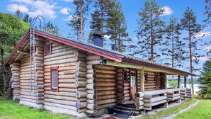 A log cabin with a porch, a chimney, and a ladder.