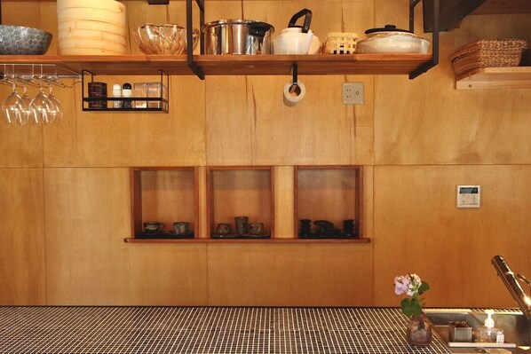 Fridge, stovetop, cookware/dishes/utensils