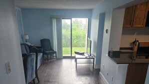 A spacious living area with a large sliding glass door leading to a balcony, a dining table, and a kitchen area with wooden cabinets.