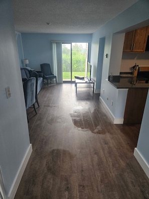 A spacious living area with a large sliding glass door leading to a balcony, a dining table, and a kitchen area with wooden cabinets.