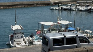 Un port de plaisance avec des bateaux amarrés, un fourgon et une chaîne de montagnes en arrière-plan.
