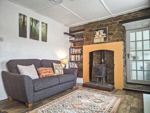 Una sala de estar acogedora con un sofá gris, cojines estampados, un tapete con diseño, una estantería y una chimenea de piedra.