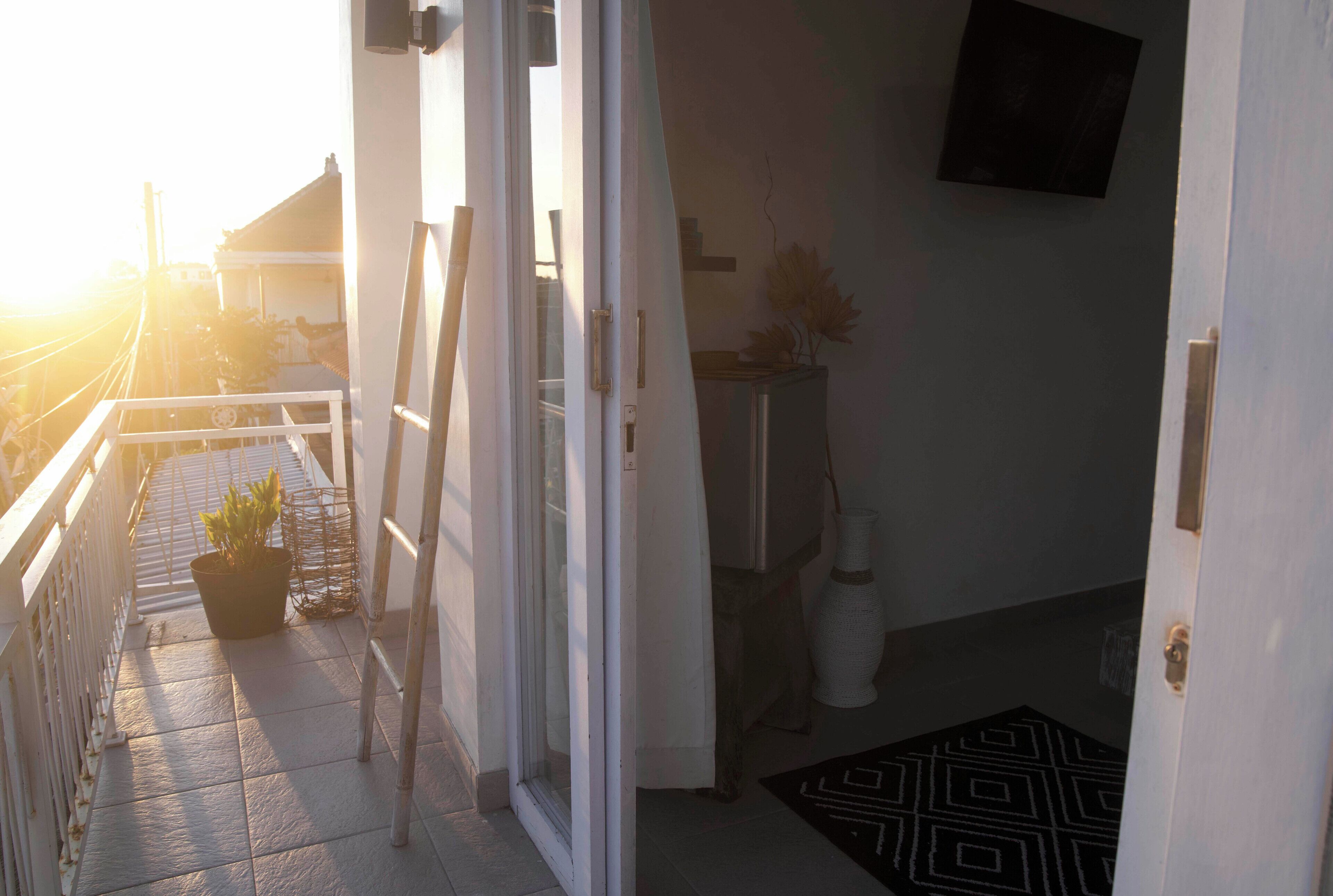 Un balcon orné d’un pot de fleurs, d’une échelle et d’une porte donnant sur un espace intérieur où se trouve un tapis à motifs noir et blanc.