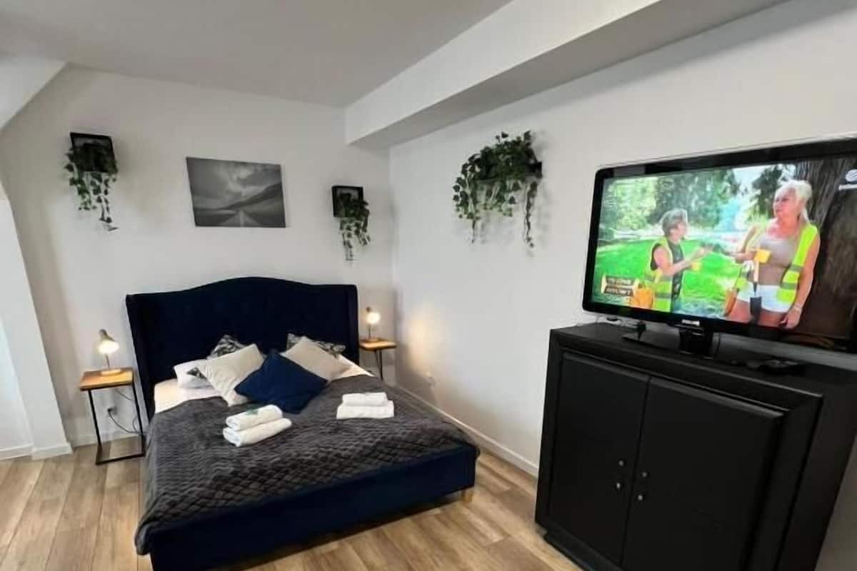 Ein Schlafzimmer mit einem Bett, einem Fernseher, einem Schrank und einer Deckenleuchte.