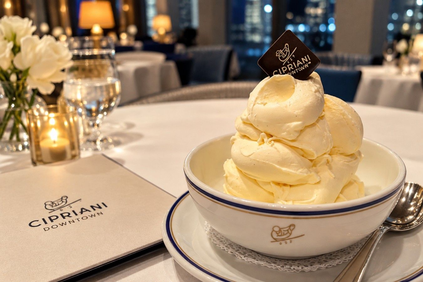 A dessert bowl of ice cream on a table with a menu and a candle in the background.