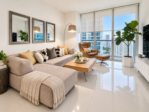 A modern living room with a sectional sofa, a coffee table, a leather armchair, and a large window offering a city view.