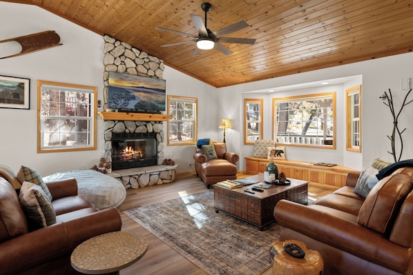 Flat-screen TV, fireplace