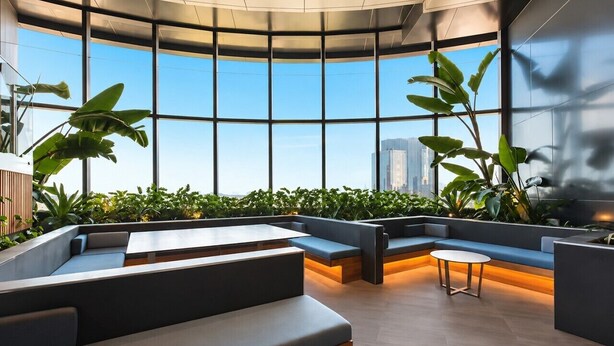 A modern interior with seating areas, large windows, and indoor plants. - 12- Comfy 2B in the Heart of CBD (Brisbane City)