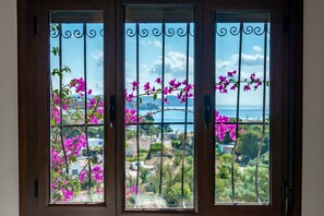 Une vue à travers une fenêtre ornée de barreaux en métal, avec des fleurs roses et un paysage côtier.