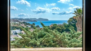 A coastal view with a clear sky, a distant mountain, and a mix of residential buildings and greenery.