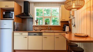 Fridge, stovetop, dishwasher, coffee/tea maker