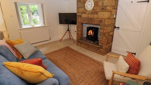 Un salon chaleureux avec une cheminée en pierre, un canapé bleu et un téléviseur.