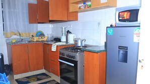 A compact kitchen with wooden cabinets, a stainless steel stove, a refrigerator, and a microwave.