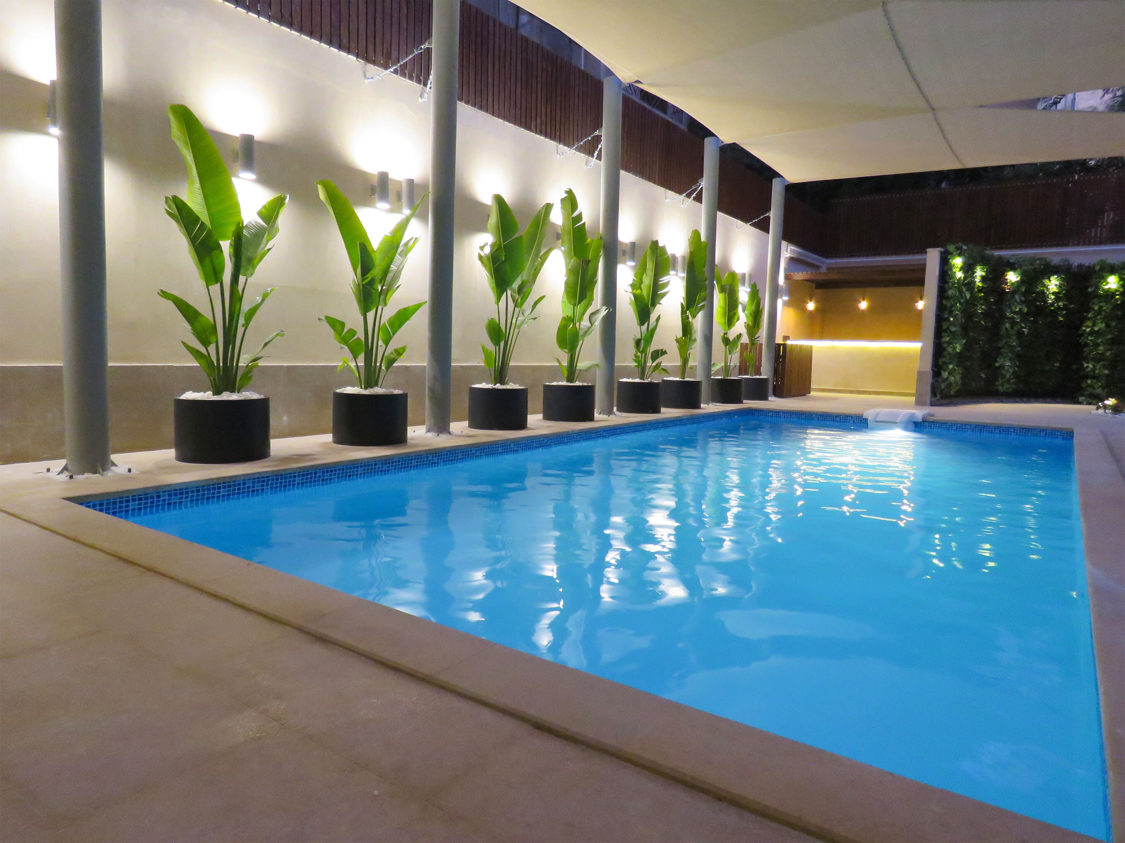 Piscina interna com borda revestida em azulejos, cercada por plantas em vasos, e iluminada por luzes no teto.