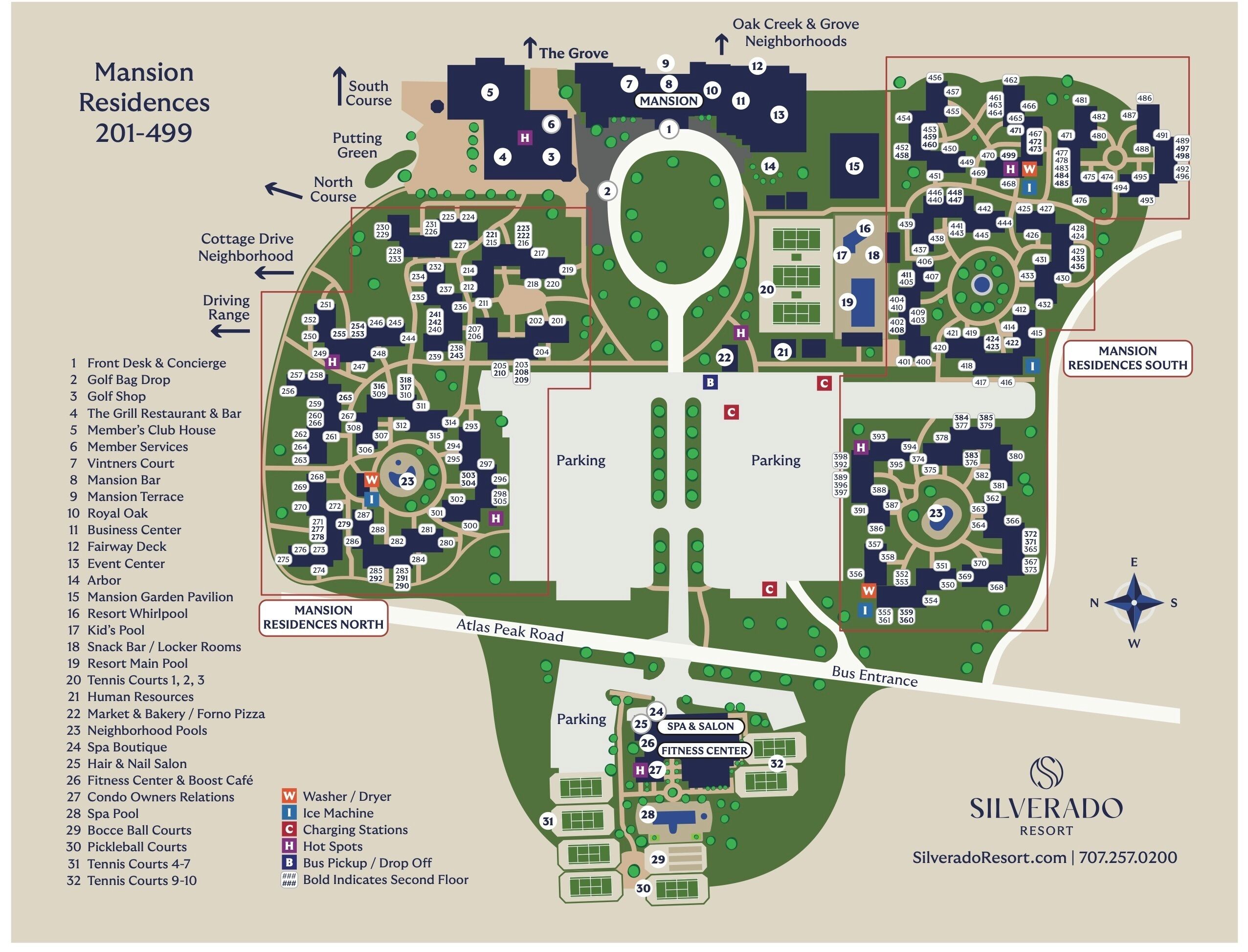 A resort map with labeled amenities like a golf bag drop, tennis courts, and a fitness center.