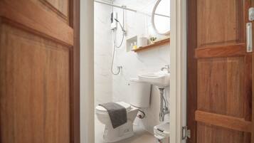 Double Room, Patio | Bathroom | Shower, hair dryer, towels, soap