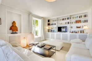 Télévision, cheminée, livres, chaîne hi-fi