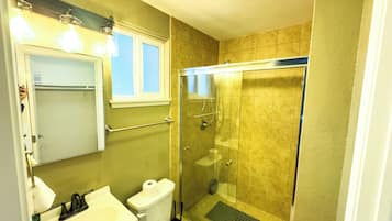 Hair dryer, towels, soap, toilet paper