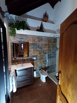 Shower, hair dryer, towels