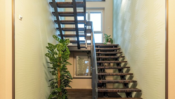 Un escalier en bois avec une rampe métallique, menant à un palier où se trouve un pot de fleurs.