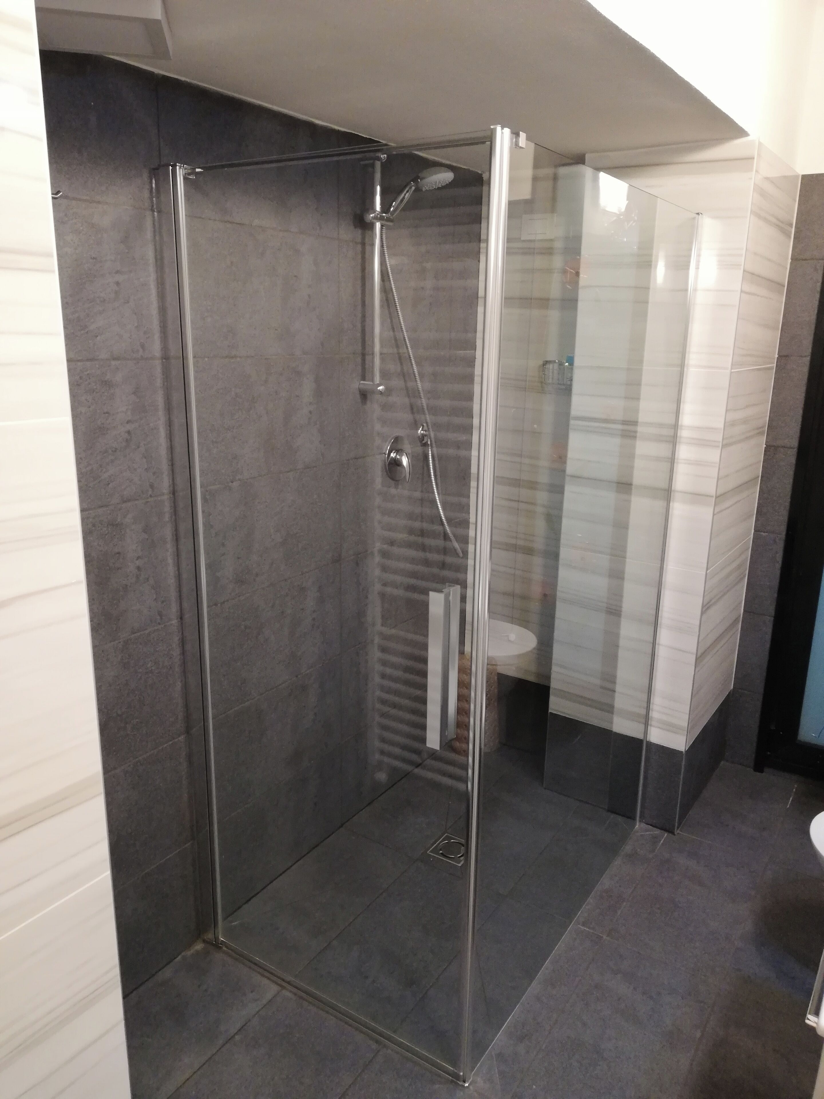 Un bany modern amb dutxa tancada amb vidre, rajoles fosques i un lavabo blanc.