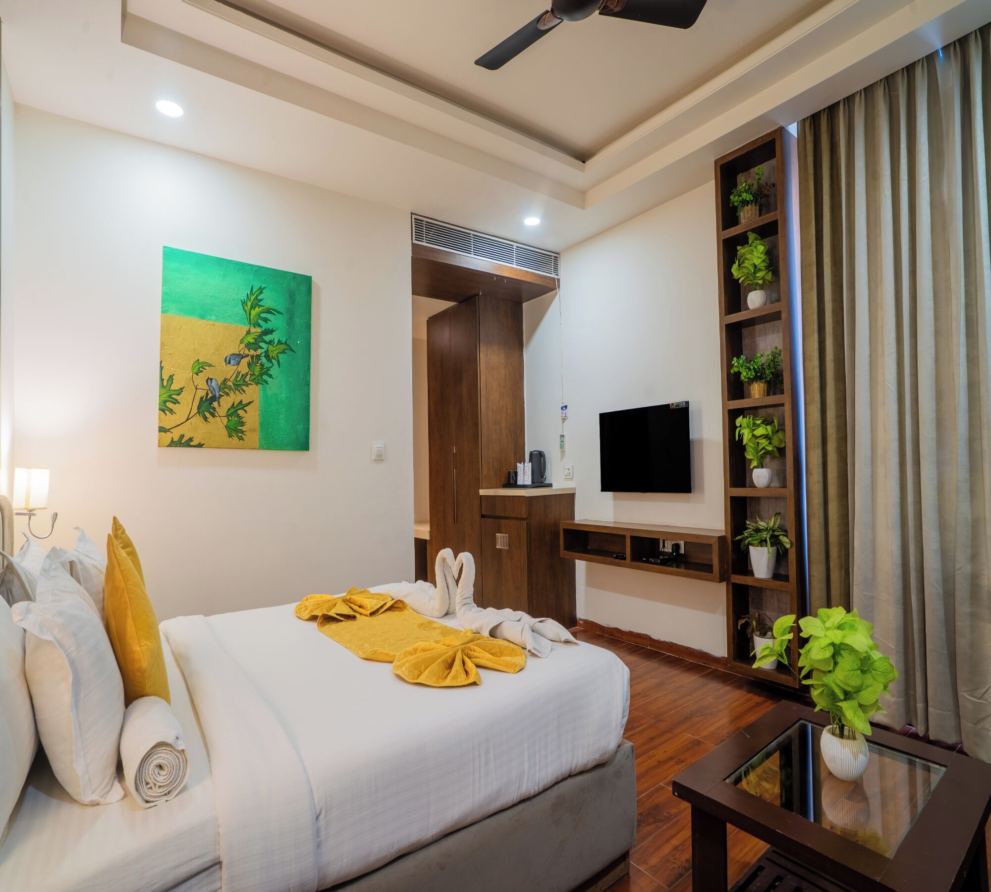 A hotel room with a bed, a TV, a desk, a wardrobe, and a plant shelf.
