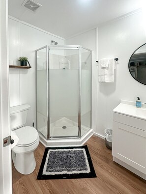 Regadera, toallas, jabón, papel de baño