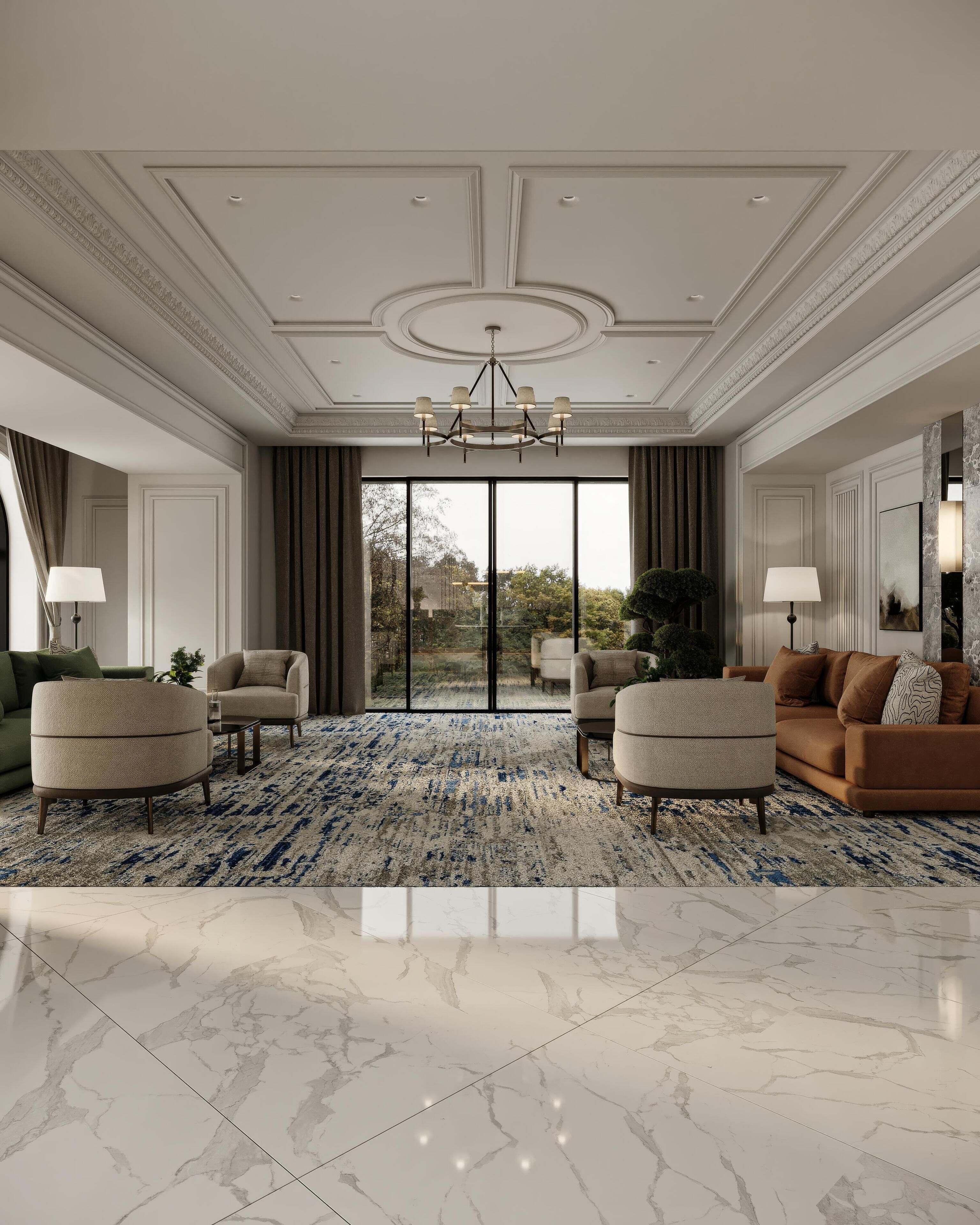 Un salón amplio con un gran ventanal, un candelabro elegante y muebles modernos.