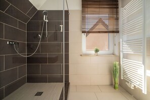 Douche, séchoir à cheveux, serviettes fournies